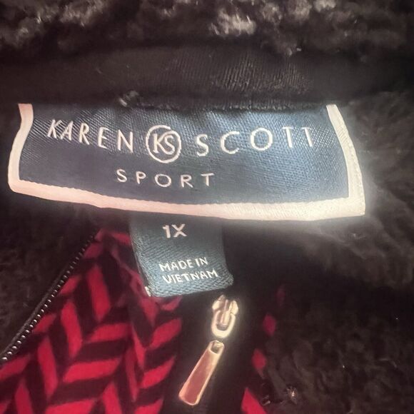 Karen Scott Fleece Vest 1X Herringbone Red Black Full Zip Pockets Christmas - Picture 4 of 8